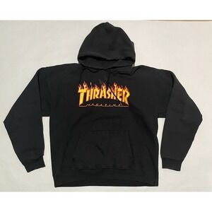 Thrasher Men Sweatshirt Medium Black Hoodie Logo Graphic Drawstring Pullover